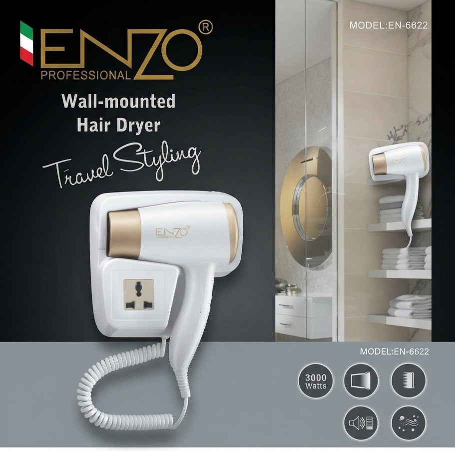 مجفف الشعر الجداري ENZO (1500 واط) – راحة وفخامة الفنادق في حمامك!